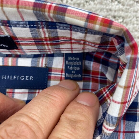 Tommy Hilfiger Shirt Men Size 15 32-33 Slim Fit Blue Red White Plaid Button Down - Picture 5 of 8